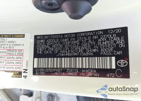 2021 Toyota C-Hr Le z USA, uszkodzony, nr VIN JTNKHMBX9M1106896